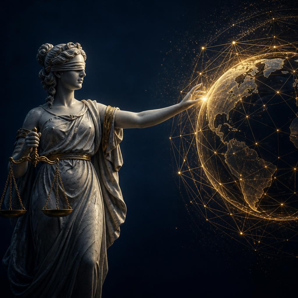 Marble figure of justice reaching toward a golden global network